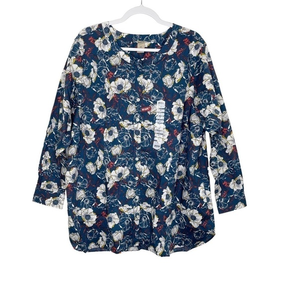 Duluth trading co plus wrinklefighter tunic top blue floral print NWT - Picture 1 of 14